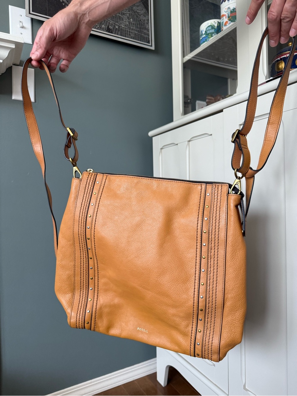 Fossil Cognac Pebbled Leather Shoulder Bag with Stud Accents
